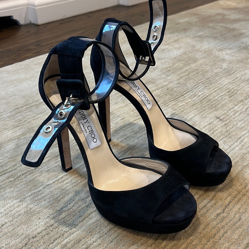 Jimmy Choo Mayner PVC trimmed black suede 5” platform pumps - size 39.5